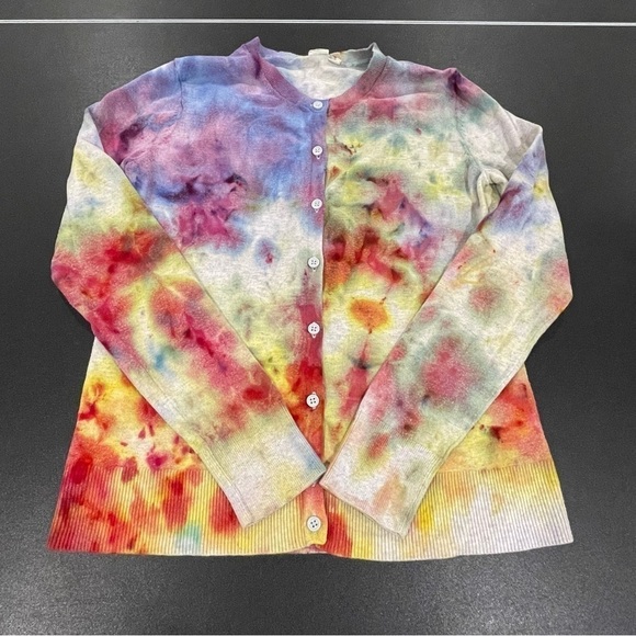 Tie dye long sleeve cotton cardigan in bright watercolor abstract pattern M - Picture 12 of 12